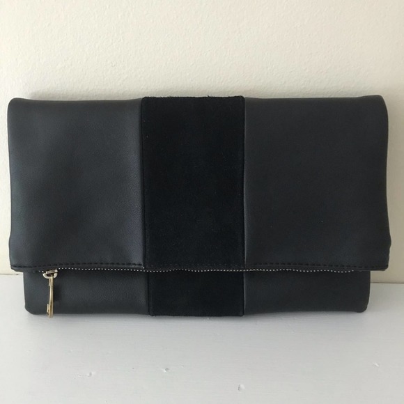 Handbags - Black Faux Leather/Suede Folding Clutch Handbag